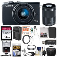 Canon EOS M100 Wi-Fi Digital ILC Camera & EF-M 15-45mm & 55-200mm is STM Lens (Black) with 64GB Card + Battery & Charger + Case + Filters + Strap + Tripod + Flash + Kit