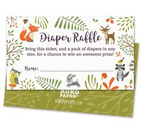 Woodland Diaper Raffle Tickets with Owl and Forest Animals. Pack of 50 Fill In The Blank Unisex Design Suitable for Boy or Girl.