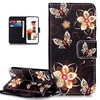 iPod Touch 6 Case,iPod Touch 5 Case,ikasus Colorful Art Painted PU Leather Fold Flip Wallet Cover Stand Card Slots Protective Case Cover for iPod Touch 5 / iPod Touch 6,Golden Butterfly Flowers