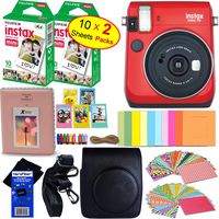 Fujifilm instax Mini 70 Instant Film Camera (Passion Red) + Fujifilm instax Mini Instant Film (20 Sheets) + Custom Case + Assorted Frames + Photo Album + 60 Colorful Sticker Frames + HeroFiber