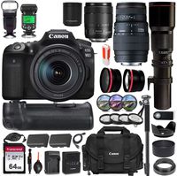 Canon EOS 90D DSLR Camera w/Battery Grip & 3 Lens Kit (18-135mm, 70-300mm & 500mm Preset) + Pro Luxury Accessory Bundle (20+ Items) incl. Canon Gadget Bag, 64GB Memory Card, TTL Flash & More