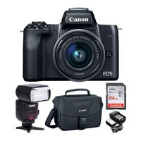 Canon EOS M50 15-45mm Mirrorless Digital Camera (Black) with 64GB SD Card + Zoom Intelligent TTL Flash + Canon Gadget Bag + Replacement Battery and Charger Pack Bundle (5 Items)