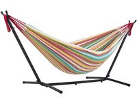 Vivere Double Cotton Hammock with Space Saving Steel Stand, Salsa (450 lb Capacity - Premium Carry Bag Included)