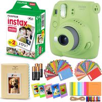 Fujifilm Instax Mini 9 Instant Camera (Lime Green) + Fuji Instax Mini Instant Film Twin Pack (20 Exposures), Cream Photo Album, 4AA Batteries, 120 Assorted Mini Stickers/Hanging Frames + More