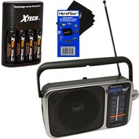 Panasonic Portable AM/FM Radio with Led Tuning Indicator + Xtech 4 AA Rechargeable Batteries with Quick Charger + HeroFiber Ultra Gentle Cleaning Cloth