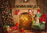 9x6ft Christmas Theme Christmas Tree Fireplace Pictorial Cloth Poly Fabric Photo Backdrops Customized Studio Background Studio Props SDJ-041