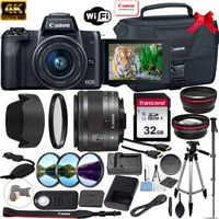 Canon EOS M50 Mirrorless Digital Camera 24.1MP 4K with 15-45mm Lens (Black) + Accessory Bundle: 32GB Memory Card, Canon EOS Shoulder Bag 100ES, Tripod, Monopod, Wireless Remote, Grip Strap & More
