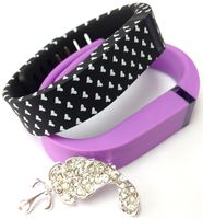 Set Large Size 1 Black with White Hearts 1 Violet Colors Bands for Fitbit FLEX Only With Metal Clasps Replacement /No tracker/+ Nice Crystals Feather Brooch