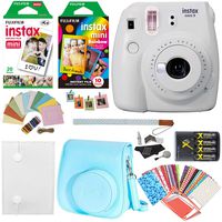 Fujifilm Instax Mini 9 Instant Camera (Smokey White), Rainbow Film Pack, Twin Pack Instant Film, Case, 4 AA Rechargeable Battery with Charger, Square Photo Frames and Accessory Bundle