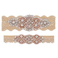 yanstar Wedding Bridal Garter Champagne Stretch Lace Bridal Garter Sets with Rose Gold Rhinestones Clear Crystal Pearl for Wedding