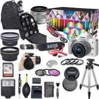 Canon EOS M50 Mirrorless Digital Camera with 15-45mm Lens Video Kit (White) + Wide Angle Lens + 2X Telephoto Lens + Flash + SanDisk 32GB SD Memory Card + Accessory Bundle
