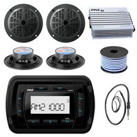 Pyle PATVR10 MP3 Bluetooth Marine Boat Yacht Stereo Receiver Bundle Combo With 4x Black 4'' Inch Dual Cone Waterproof Audio Speakers + Enrock Radio Antenna + 400 Watt Amplifier + 18G 50-FT Wire