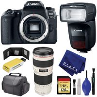 Canon EOS 77D DSLR Camera Body - EF 70-200mm f/4L Lens - 128GB - Wallet & Reader - Flash 470EX-AI - Case - Cap Keeper
