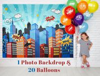 Superhero Party Supplies Pinata Props Backdrop - DC Super Hero Girls And Boys Birthday Decorations Favors - 6.2 X 4.8 Ft Cityscape Photography Party City - Bonus 20 Assorted Colors Balloons