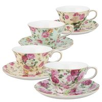 Gracie China by Coastline Imports 33708B Rose Chintz 8-Ounce Porcelain Tea Cup and Saucer, Set of 4
