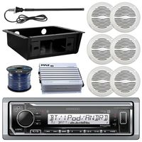 Kenwood KMR-M315BT MP3 Bluetooth Stereo Receiver Bundle Combo W/Universal Underdash Kit + 4-Ch Amplifier + 2X 5 White Outdoor Speakers + Enrock Antenna + 50Ft Wire - Golf Car RV Entertainment System