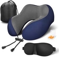 MLVOC Travel Pillow 100% Pure Memory Foam Neck Pillow, Comfortable & Breathable Cover, Machine Washable, Airplane Travel Kit with 3D Contoured Eye Masks, Earplugs, and Luxury Bag, Standard (Blue)