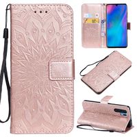 Leather Wallet Case for Huawei P30 Pro with Card Slots,Gostyle Flip Magnetic Closure Rose Gold Case Embossed Sunflower Pattern,Book Style with Hand Strap Stand Cover