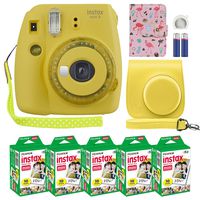 Fujifilm Instax Mini 9 Instant Camera Clear Yellow with Clear Accents with Custom Case + Fuji Instax Film Value Pack (50 Sheets) Designer Photo Album for Fuji instax Mini 9 Photos