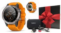 Garmin Fenix 5 Plus+ Sapphire (Orange) GPS Watch Gift Box Bundle | +Screen Protectors, PlayBetter USB Chargers & Protective Case | 2018 Model + Spotify | Black Gift Box, Red Bow