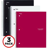 Five Star Spiral Notebooks, 3 Subject, Wide Ruled Paper, 150 Sheets, 10-1/2" x 8", Black, White, Red, 3 Pack (38404)
