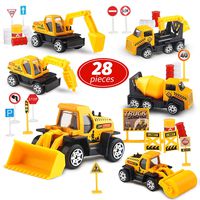 Toy Life Small Construction Toy Trucks - 28 Piece Sandbox Toy Set with 6X Die Cast Metal Construction Vehicles - Toy Bulldozer, Metal Dump Truck, Diecast Backhoe, Cement Mixer Toy Truck, Excavator Toy