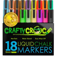 Crafty Croc Liquid Chalk Markers, Jumbo 18 Pack, (Mom's Choice Award Gold Recipient), Neon Plus Earth Colors 6mm Reversible Tip, 2 Replacement Tips Included