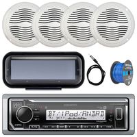Kenwood Marine Digital Media Bluetooth Receiver, 4X Magnadyne 5" Waterproof Speakers (White), Enrock Waterproof Radio Cover (Black Base), Marine 50 FT 16-G Tinned Speaker Wire, Antenna - 40"