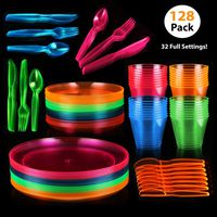 128 Piece Neon Party Supplies Set - Disposable & Heavy Duty,: 32 Main Course 9 inch Plate, 6 inch Dessert Plates, 9-ounce Tumblers, Cutlery, Glow in the Dark Great for Blacklight UV Parties