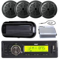 New Black Marine Radio MP3 SD Card 4 5.25" Spekaers Antenna Amp Cover Remote Kit