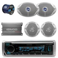 Kenwood KMR-M325BT Bluetooth Marine Audio Receiver Bundle Combo with Compact 400-Watt Amplifier + 2X JBL 6x9 2-Way Coaxial Speakers + 2X JBL 6.5" Inch Boat Speakers + Enrock 50 Foot 16g Speaker Wire