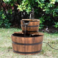 Kintness 2-Tier Wood Barrel Waterfall Fountain with Pump for Outdoor Garden