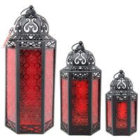 Moroccan Style Candle Lanterns, Red Glass, Set of 3