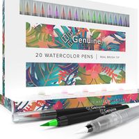 Watercolor Brush Pens by Genuine Crafts - Set of 20 Premium Colors - Real Brush Tips - 1 Refillable Water Pen - No Mess Storage Case - Washable Nontoxic Markers - Portable Painting