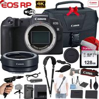 Canon EOS RP 26.2MP Full-Frame Mirrorless Digital Camera (Body Only) with Canon EF-EOS R Mount Adapter + 128GB Memory Card, Canon 100-Es Case, Shoulder Strap, Gripster Tripod, Hand Grip and More.