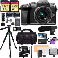 Panasonic DMC-G7KS Digital Single Lens Mirrorless Camera 14-42 mm Lens Kit, 4K + 2 Transcend 64 GB + LED Light Flash + Ritz Gear 60" Tripod + Microphone + Filter Set + 2 Batteries + Charger + Extras