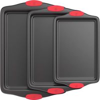 Vremi 3 Piece Nonstick Baking Sheets Set - Professional Non Stick Oven Tray Set for Baking - Non-Toxic Rimmed Carbon Steel Baking Pans Cookie Sheets with Wide BPA Free Red Silicone Handles