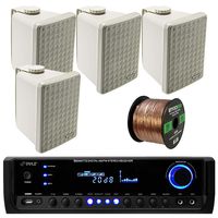 Pyle PT390BTU Bluetooth Digital Home Theater 300-Watt Stereo Receiver Bundle Combo with 4x Kicker 46KB6G Gray 6.5" Full Range Bookshelf Waterproof Speaker, Enrock 50ft 16g Speaker Wire