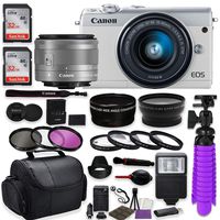 Canon EOS M100 Mirrorless Digital Camera (White) Premium Accessory Bundle with Canon EF-M 15-45mm is STM Lens (Silver) + CC2 Case + 64GB Memory + HD Filters + Auxiliary Lenses