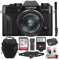 Fujifilm X-T30 4K Wi-Fi Mirrorless Digital Camera with XC 15-45mm Lens Kit - Black with 64GB Deluxe Bundle and Travel Photo Cleaning Kit