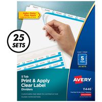 Avery 5-Tab Binder Dividers, Easy Print & Apply Clear Label Strip, Index Maker, White Tabs, 25 Sets (11446)
