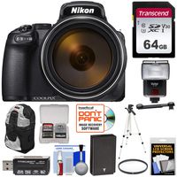 Nikon Coolpix P1000 4K 125x Super Zoom Digital Camera with 64GB Card + Battery + Case + Flash/LED Video Light + Tripod + Filter Kit