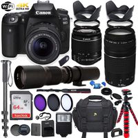 Canon EOS Rebel 90D DSLR Camera with 18-55mm is STM Lens Bundle + Canon EF 75-300mm f/4-5.6 III Lens and 500mm Preset Lens + 64GB Memory + Filters + Monopod + Spider Tripod + Professional Bundle