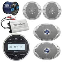 JBL PRV Marine Digital Media Receiver with Built-in Bluetooth, 2X JBL 6.5" 150 Watts Dual Cone Speakers, 2X 6x9 300 Watt Coaxial Speakers - White, Kenwood 4-Channel Amplifier, Speaker Wire