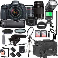Canon EOS 6D Mark II with 24-105mm f/4 L is II USM + 75-300mm III + 50mm 1.8 STM Lenses + 128GB Memory + Pro Battery Bundle + Power Grip + Microphone + TTL SpeedLight + Pro Filters,(25pc Bundle)