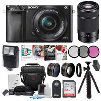 Sony Alpha a6000 24.3MP Mirrorless Camera 16-50mm & 55-210mm Zoom Lens (Black) and 64GB Accessory Bundle