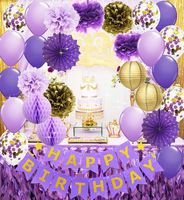 Purple Gold Birthday Party Decorations Happy Birthday Banner Purple Gold Confetti Balloons Polka Dot Paper Fans for Women/Girl Purple Birthday Decorations Purple Gold Birthday Photo Backdrop