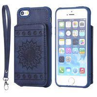Shinyzone Slim Fit Back Wallet Case for iPhone 5S/SE/5 with Card Holder,Embossed Sunflower Pattern PU Leather Flip Cover with Magnetic Stand Function with Detachable Lanyard,Blue