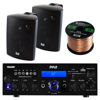 Pyle PDA6BU Amplifier Receiver Stereo, Bluetooth, FM Radio, USB Flash Reader, Aux input LCD Display, 200 Watt With Dual LU43PB Indoor/Outdoor Speakers Bundle With Enrock 50ft 16g Speaker Wire
