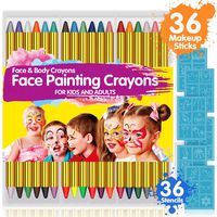 Face Paint Crayons for Kids, 36 Makeup Sticks & 36 Stencils, Professtional Face Painting kit for Halloween or Birthday Party, 6 Fluorescent, 6 Metallic & 24 Classic Colors, Safe for Sensitive Skin
